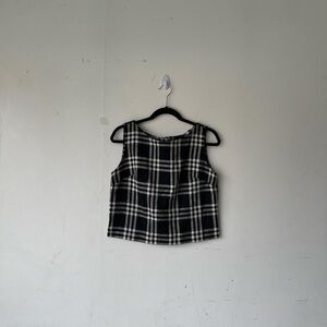 Vintage Sue Brett Black White Plaid Tweed Knit Short Crop Sleeveless Top Size M